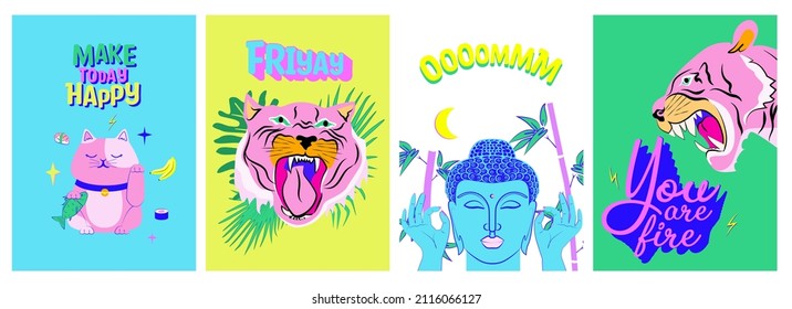 Collection of colorful posters with Asian illustration and positive quotes. Greeting or Invitation card. Editable Vector Illustration.