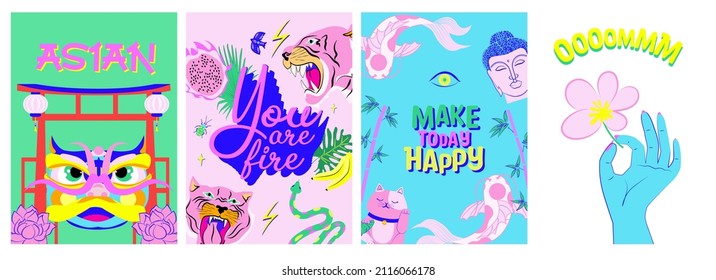 Collection of colorful posters with Asian illustration and positive quotes. Greeting or Invitation card. Editable Vector Illustration.