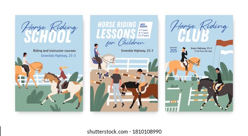 Collection of colorful posters for horse riding school or lessons for adults and children. Set of vertical advertisement for equestrian club or championship. Vector illustration in flat cartoon style