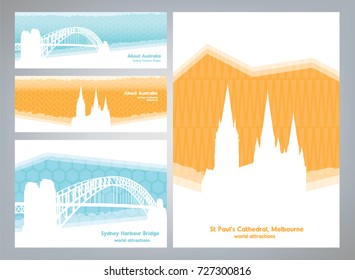 Collection of colorful posters and vertical banners with white silhouettes australian sights. Templates for postcards, tourist banners. Travel vector banners About Australia.