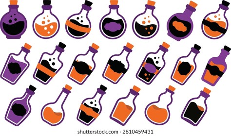 A collection of colorful potion bottles with corks, perfect for Halloween designs, spooky themes, and magical illustrations.