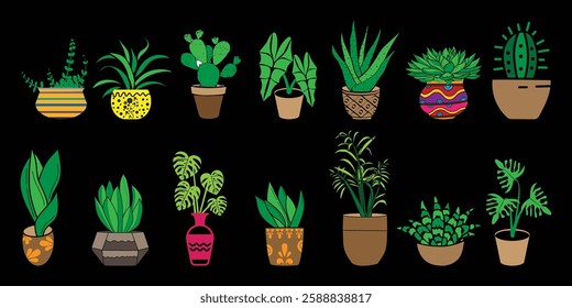 Collection of Colorful Potted Plant Illustrations Succulents, Aloe Vera, Snake Plant, Monstera, Cactus   Decorative Pots for Botanical Art, Home Decor, Stickers, Prints, Nature Inspired Digital Design