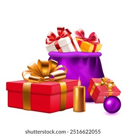 Collection of colorful presents and gift boxes in a purple Christmas bag, on white background.