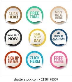 Collection Of Colorful Promo Stickers And Badges, Click Here, Free Trial, Sign Up 