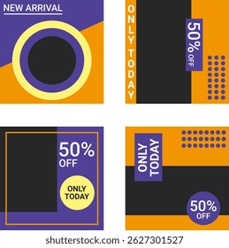 Collection of colorful promotional banner templates featuring bold typography, discount labels, and modern geometric shapes in purple, orange, and yellow