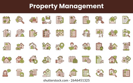 A collection of colorful property management icons, showcasing various industry elements like keys, documents, and buildings, ideal for real estate themes.