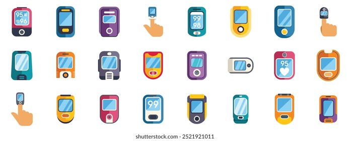 Collection of colorful pulse oximeters measuring oxygen saturation levels in blood