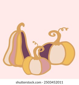 A collection of colorful pumpkins on a soft pastel background during autumn