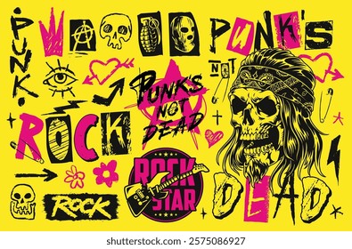 A collection of colorful punk rock graphics featuring skulls guitars and bold text on a vivid yellow background. Creatively arranged symbols express vibrant punk culture and attitude.