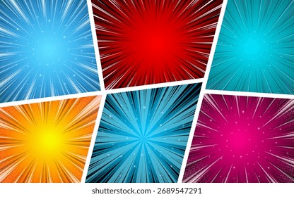 A collection of colorful radial lines from comic books. Cartoon comic backgrounds with motion and speed lines. Vector illustration.
