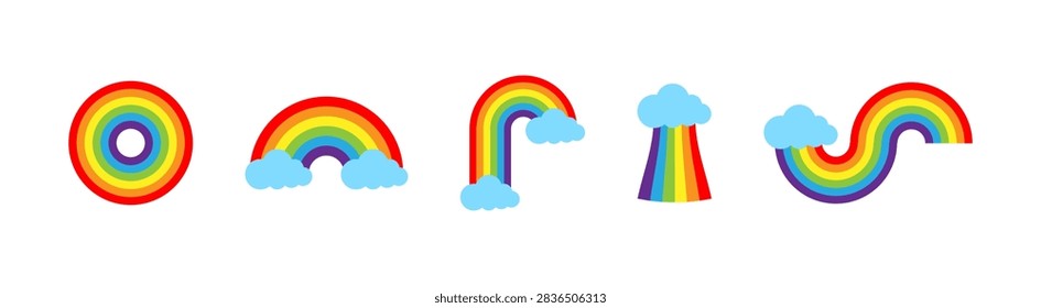 Collection of colorful rainbow illustrations with clouds and different shapes