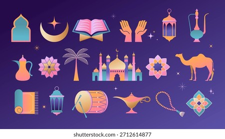 Sammlung von farbigen Ramadan-Vektorgrafiken und Designelementen mit Farbverlauf. Moderne islamische Ikonen.