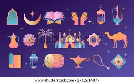 Collection of colorful Ramadan vector illustrations and design elements with color gradient. Modern Islamic icons set.
