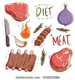 collection of colorful raw meat and steak with doodle or hand draw style
