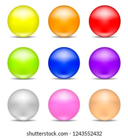 Collection of Colorful Realistic Spheres isolated on white background. Set of Glossy Shiny Spheres. Vector Illustration for Your Design, Game, Card.