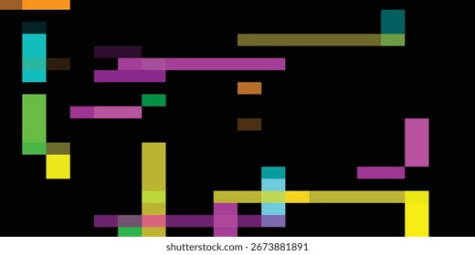 A collection of colorful rectangular shapes are arranged against a black background. They vary in size and orientation.