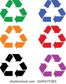 Collection of colorful recycling symbols arranged in a grid on white background.