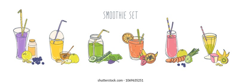 Collection of colorful refreshing soft drinks in glasses and jars with straws and ingredients. Set of smoothies made of fruits and green vegetables isolated on white background. Vector illustration.