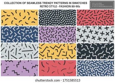 Collection of colorful repeatable trendy patterns. Retro style - fashion 80-90s. Textile mosaic textures - endless backgrounds. You can find seamless design in swatches panel.