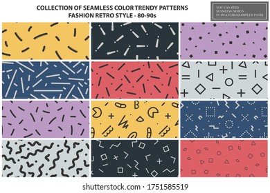 Collection of colorful repeatable trendy patterns. Retro style - fashion 80-90s. Textile mosaic textures - endless backgrounds. You can find seamless design in swatches panel.