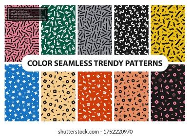 Collection of colorful repeatable trendy patterns. Retro style - fashion 80-90s. Textile mosaic textures - endless backgrounds. You can find seamless design in swatches panel