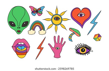 A collection of colorful retro cartoon illustrations including an alien, rainbow and other groovy elements