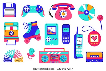 Collection of colorful retro pop culture items from 80s and 90s in modern flat style and line style. Hand drawn y2k vector illustration isolated on white background.