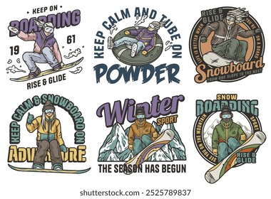 Colección de coloridos logotipos de estilo retro con hombres y mujeres que disfrutan de los deportes de invierno como el snowboard y el snow tubing