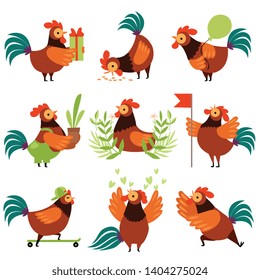 Collection of Colorful Roosters in Different Situations, Farm Cocks Cartoon Characters Vector Illustration