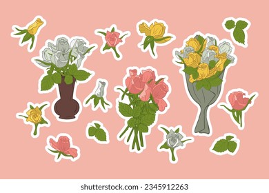 Collection of colorful roses flat vector stickers. Hand drawn isolated flowers and and bunches with white outline. Bunches or bouquets of roses in ceramic vase, in paper. Botanical unique design