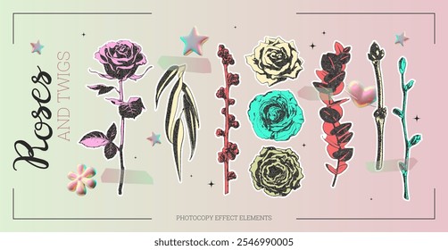 Collection of colorful roses flowers and leaves twigs retro photocopy effect elements on gradient background. Vintage blossom herbarium grainy texture. Y2K aesthetic vector floral grunge collage