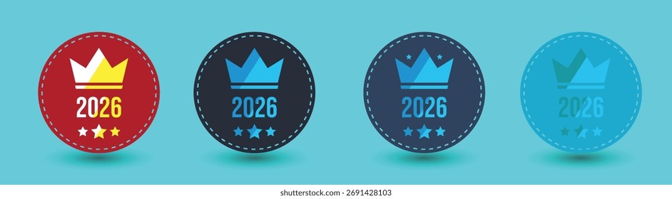 Colección de coloridos emblemas redondos de 2026 con una corona y estrellas, dispuestos uno al lado del otro sobre un fondo cian. Ilustración vectorial.