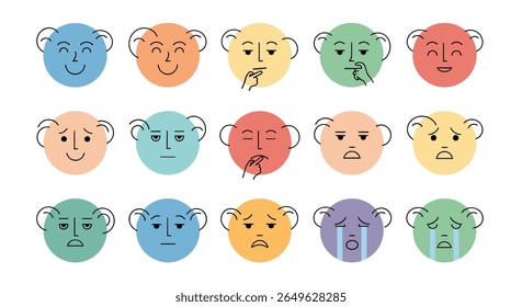 A collection of colorful round faces displaying diverse human emotions and feelings