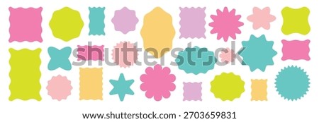 Collection of colorful round and oval, rectangular and square, circle shapes with curvy edges. Empty scalloped box, sticker, tag or label templates isolated on white background.