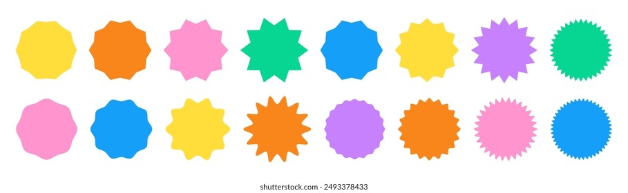 Colección de Formas redondas de colores con ondas y ángulos agudos. Pegatinas de colores brillantes con varios ángulos. Pegatinas para decoración de diseño. Formas redondas de Vector en forma de estrellas y el sol