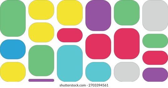 Uma coleção de formas retangulares coloridas e arredondadas dispostas em um padrão de grade, apresentando uma variedade de matizes brilhantes.