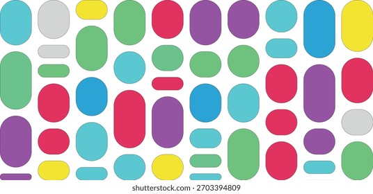 A collection of colorful, rounded rectangular shapes arranged randomly across a white background, creating a playful and energetic visual.