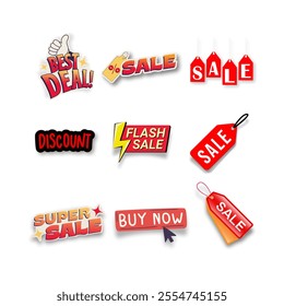 
Collection of colorful sale and discount labels, including "Best Deal," "Flash Sale," "Super Sale," and "Buy Now" tags. Vibrant designs with bold text and dynamic eleme