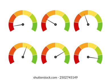 Collection of colorful scale gauges for customer satisfaction or credit score indicators