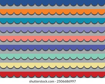 Collection of colorful scallops stripes seamless repeat pattern geometric design. Vector illustration isolated on on off-white background. 