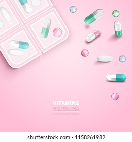 Collection Of Colorful Scattered Pills And Capsules. Vector Medication And Pill Box On Pink Background.Design For Poster, Packaging, Brochure.