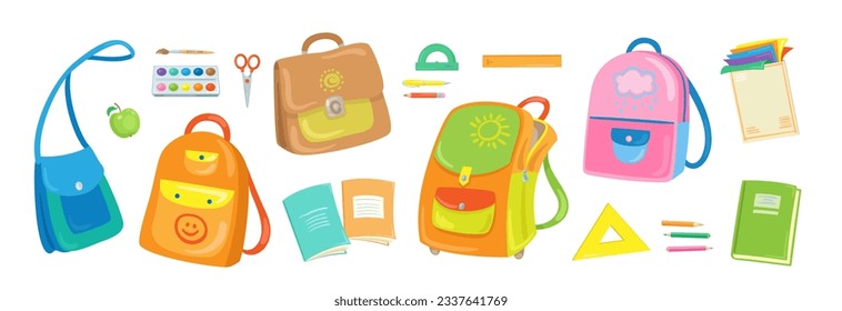 Collection of colorful school bags and supplies. In cartoon style. Isolated on white background. Vector flat illustration