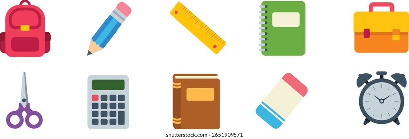 Uma coleção de materiais escolares coloridos, incluindo uma mochila, lápis, régua, caderno, pasta, tesoura, calculadora, livro, borracha e despertador, todos isolados em um fundo branco.