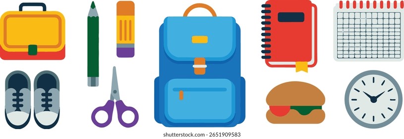 A collection of colorful school supplies including a backpack, notebook, pencil, eraser, scissors, shoes, clock, calendar, lunchbox, and food item, all isolated on a white background.