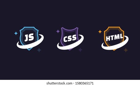 Collection of Colorful Sci-Fi Frontend Vector Shield Badges - JavaScript, CSS, HTML