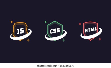 Collection of Colorful Sci-Fi Frontend Vector Shield Badges - JavaScript, CSS, HTML