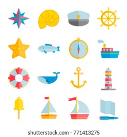 Collection of colorful sea flat icons for web, print, mobile apps design