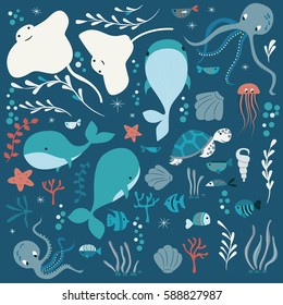 Collection of colorful sea and ocean animals, whale, octopus, stingray, jellyfish, turtle, coral, vector illustration