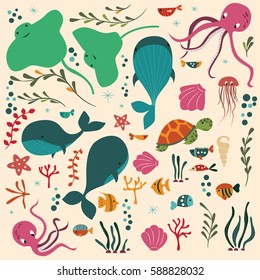 Collection of colorful sea and ocean animals, whale, octopus, stingray, jellyfish, turtle, coral, vector illustration