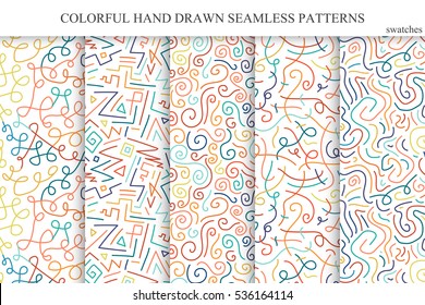 Collection of colorful seamless hand drawn vector patterns. You can use these patterns like seamless if you open swatches panel.